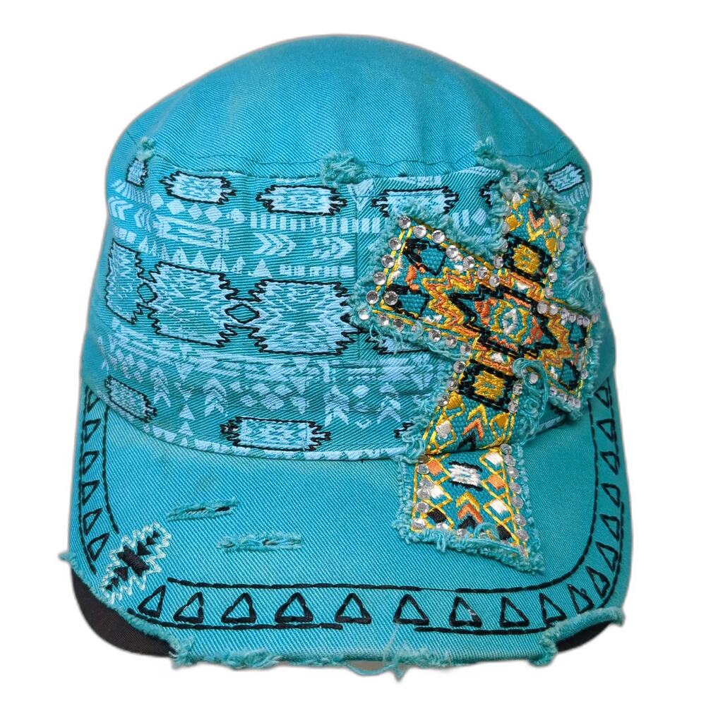 Kbethos Army Cap Blue OS Cross Patch Rhinestones Tribal Embroidery Strapback hat